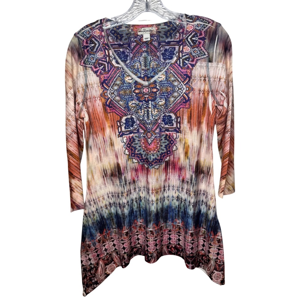 World Unity Women's Tunic Top Size S Blue Pink Geometric‎ Rhinestone Embellished
